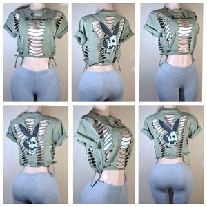 Stylish Custom Playboy Olive Cutout Crop Top
